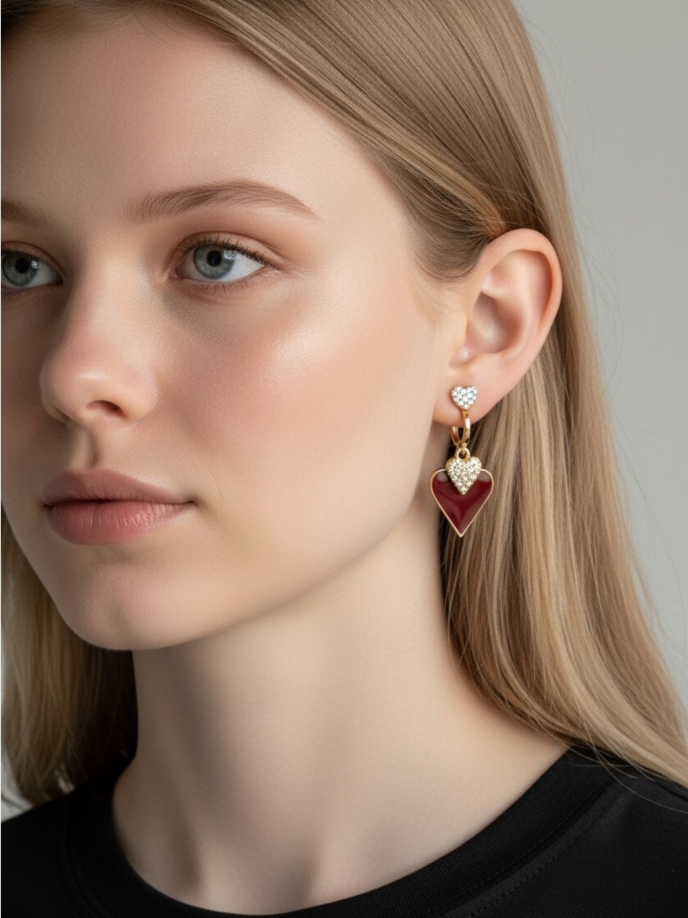 10/9 Gold Heart Drop Earrings with Burgundy Enamel and Crystal Accents